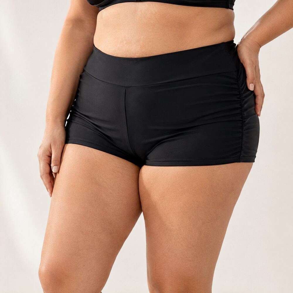 Mazu Swim Black Boy Short Bottoms 20W Ruched Tummy Control EUC